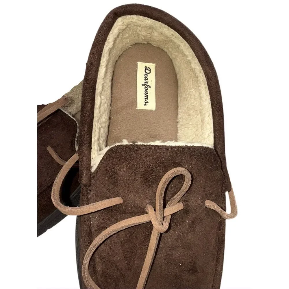 Dearfoams Men’s Microsuede Toby Moccasin Slippers Coffee Sz. M 9/10 Fleece Lined
